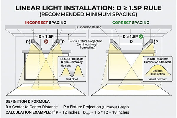 Diagram showing the D≥1.5P installation distance rule for linear lights